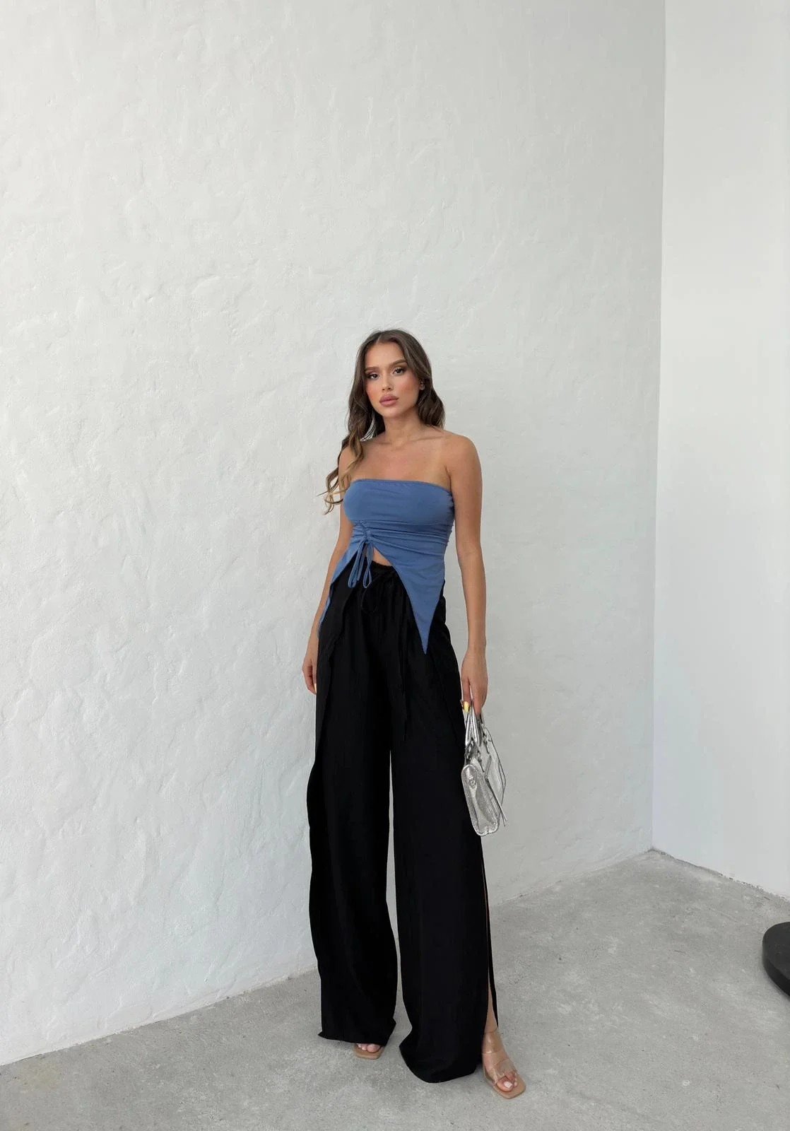 BEL BAĞLAMALI YIRTMAÇLI KETEN PANTOLON SİYAH