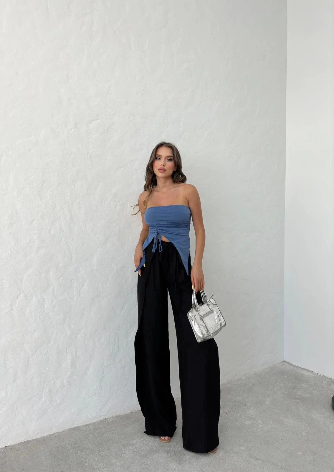 BEL BAĞLAMALI YIRTMAÇLI KETEN PANTOLON SİYAH