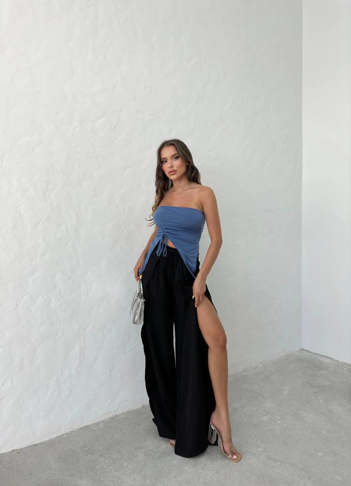 BEL BAĞLAMALI YIRTMAÇLI KETEN PANTOLON SİYAH