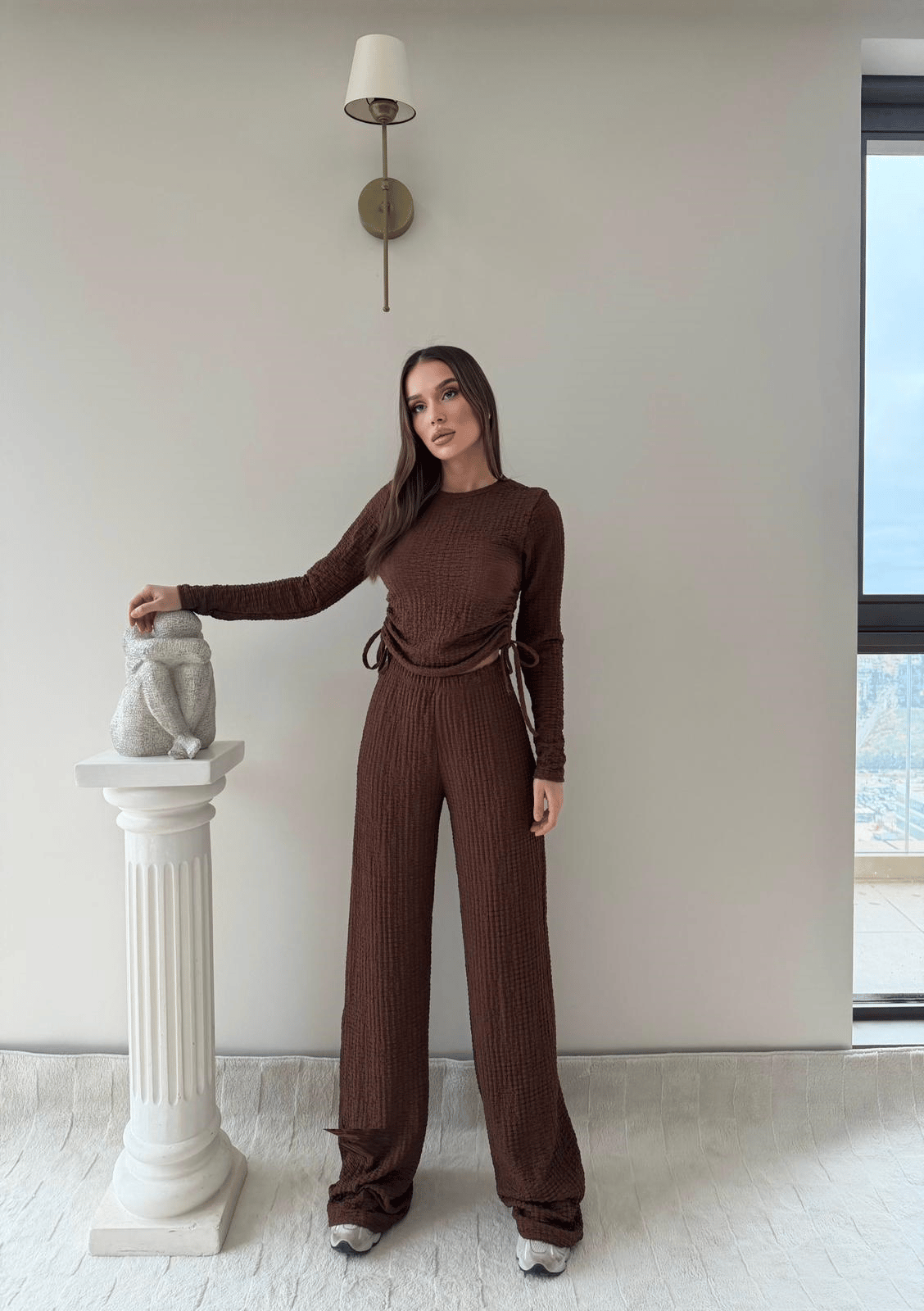 Bel Büzgülü Gofre Bluz ve Pantolonlu Gofre Takım Kahve 2047