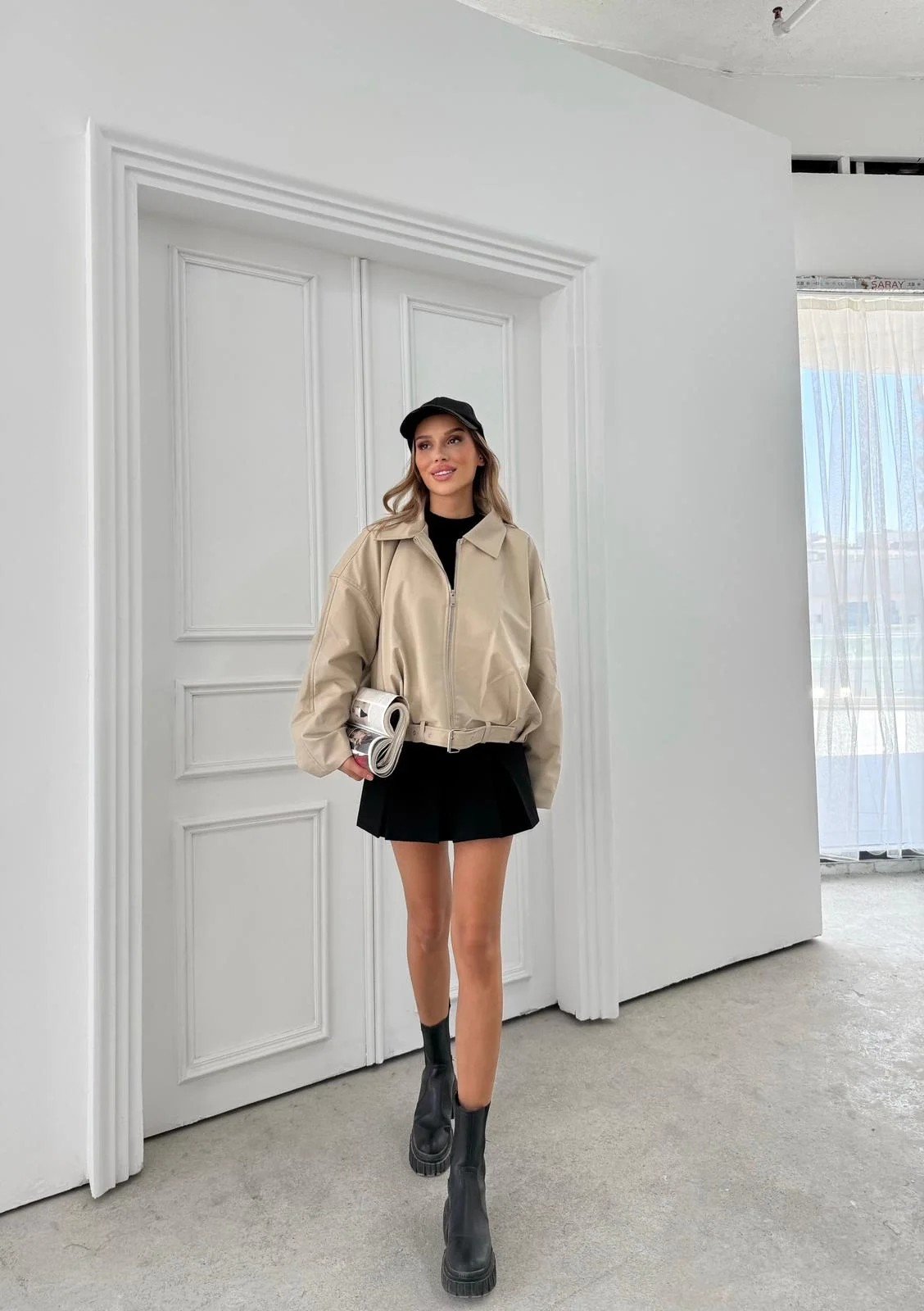 BEL KEMER DETAY DERİ CEKET KREM 3137