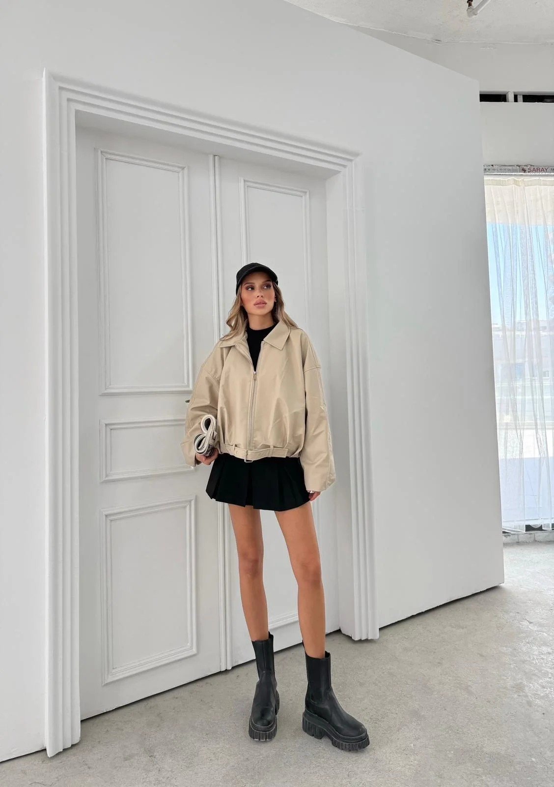 BEL KEMER DETAY DERİ CEKET KREM 3137