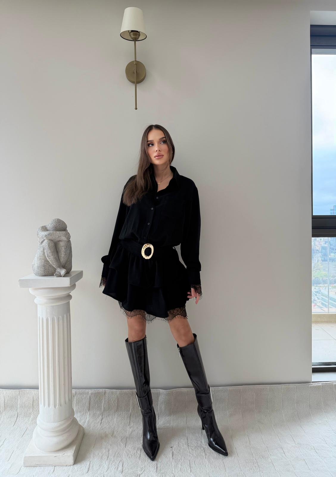 Bel Kemerli Etek Dantel Detay Gömlek Elbise Siyah 2046