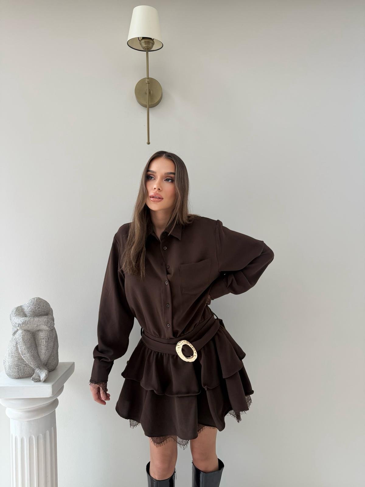 Bel Kemerli Etek Dantel Detay Gömlek Elbise Kahve 2046