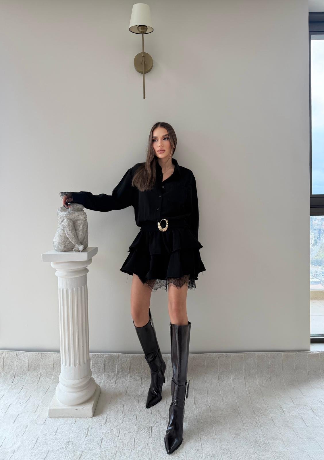 Bel Kemerli Etek Dantel Detay Gömlek Elbise Siyah 2046