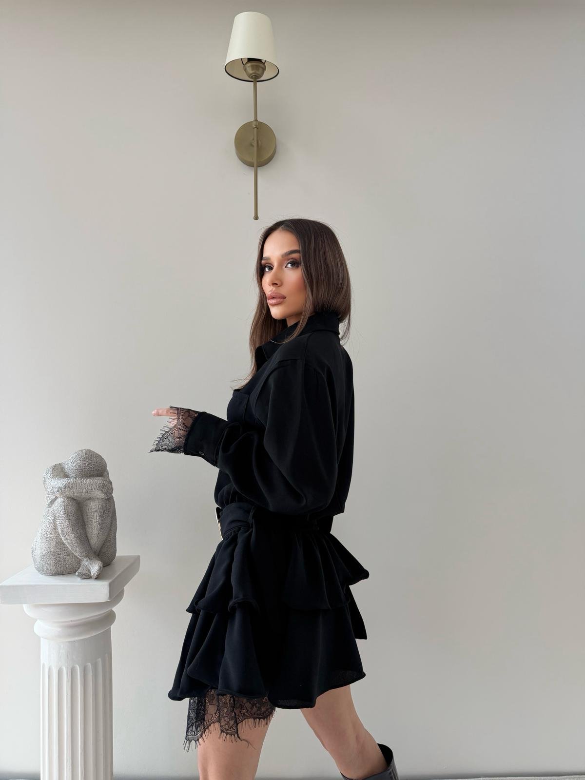 Bel Kemerli Etek Dantel Detay Gömlek Elbise Siyah 2046