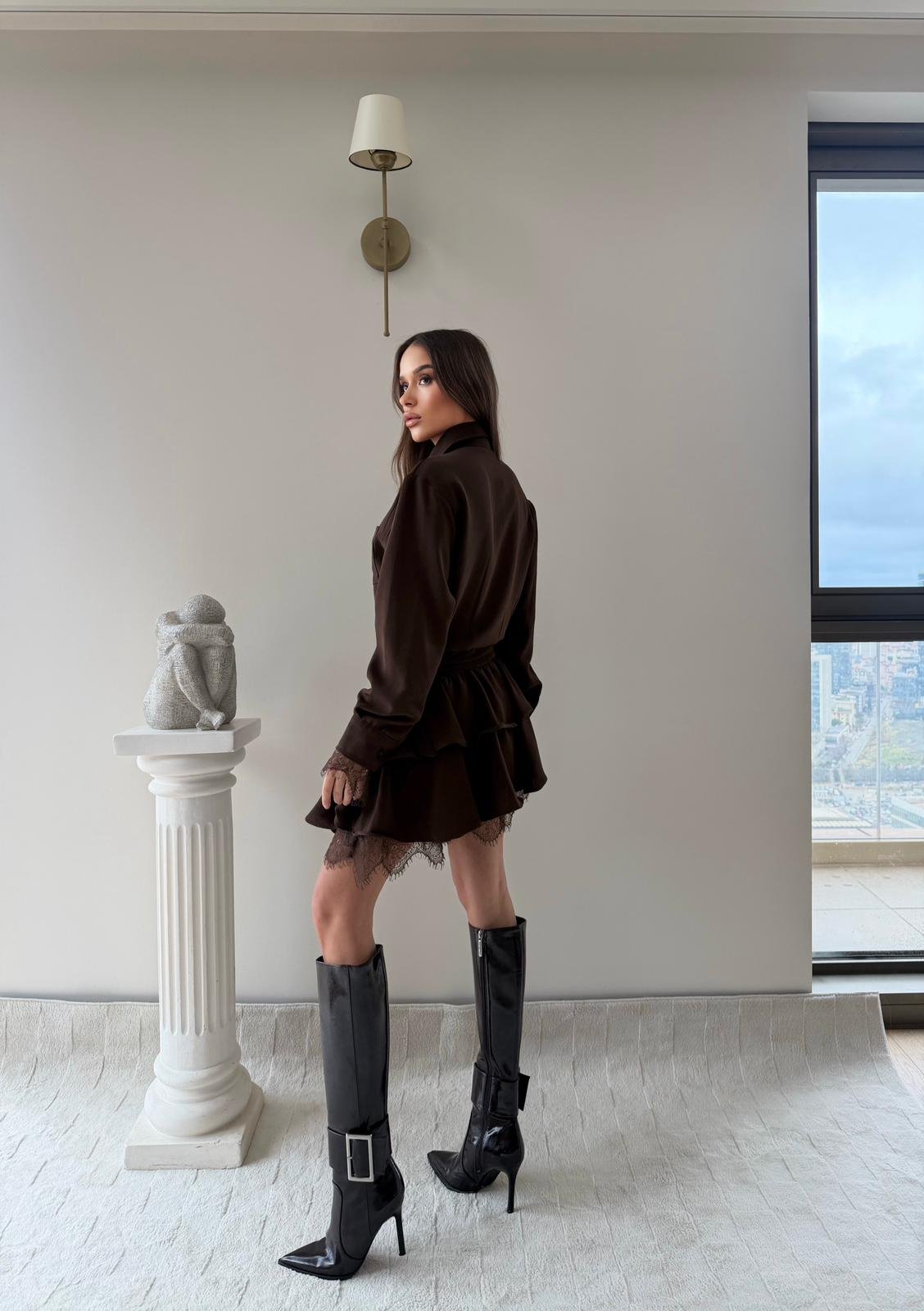 Bel Kemerli Etek Dantel Detay Gömlek Elbise Kahve 2046