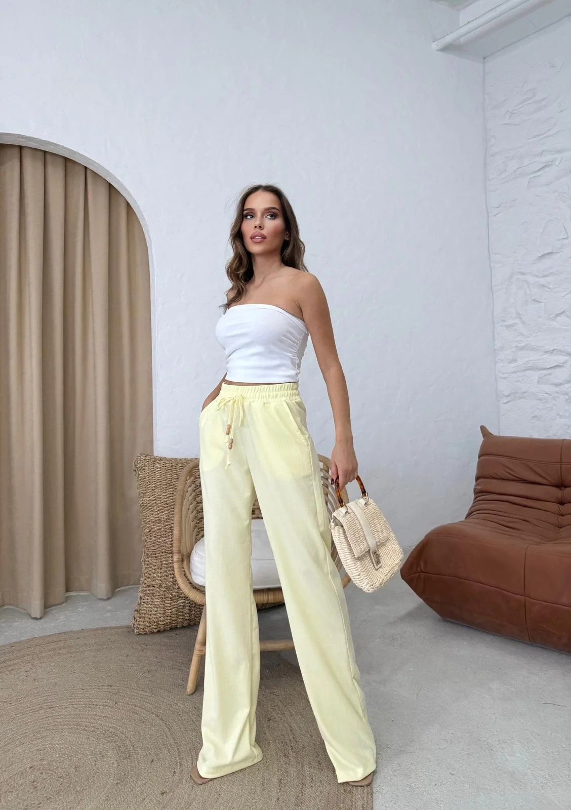 BEL LASTİKLİ PALAZZO GOFRE PANTOLON SARI