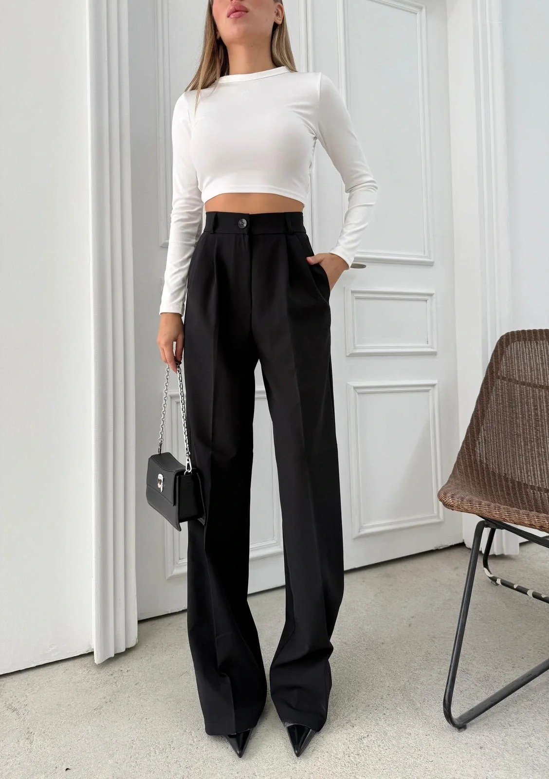 BEL LASTİKLİ YÜKSEK BEL PALAZZO KUMAŞ PANTOLON SİYAH