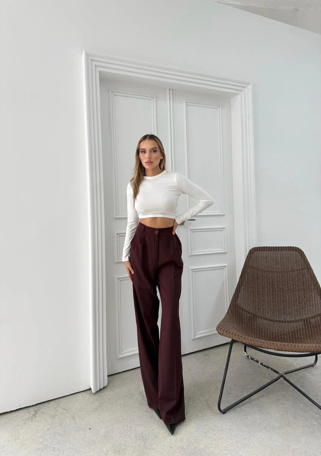 BEL LASTİKLİ YÜKSEK BEL PALAZZO KUMAŞ PANTOLON MÜRDÜM