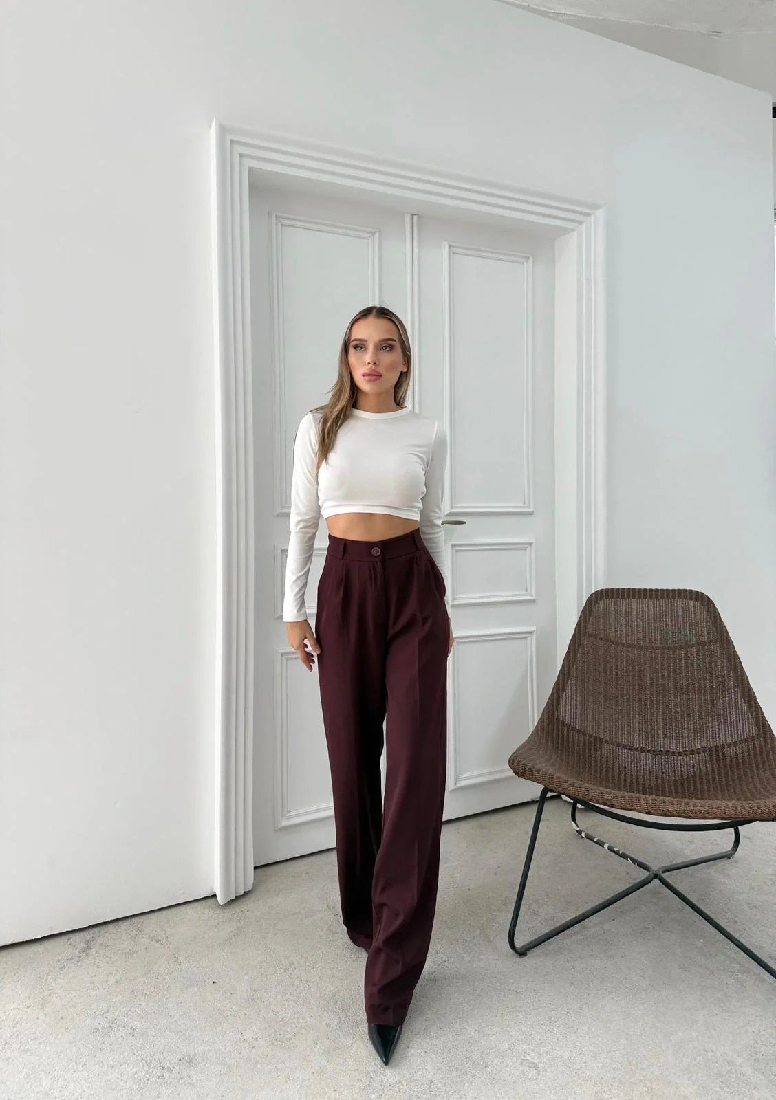 BEL LASTİKLİ YÜKSEK BEL PALAZZO KUMAŞ PANTOLON MÜRDÜM