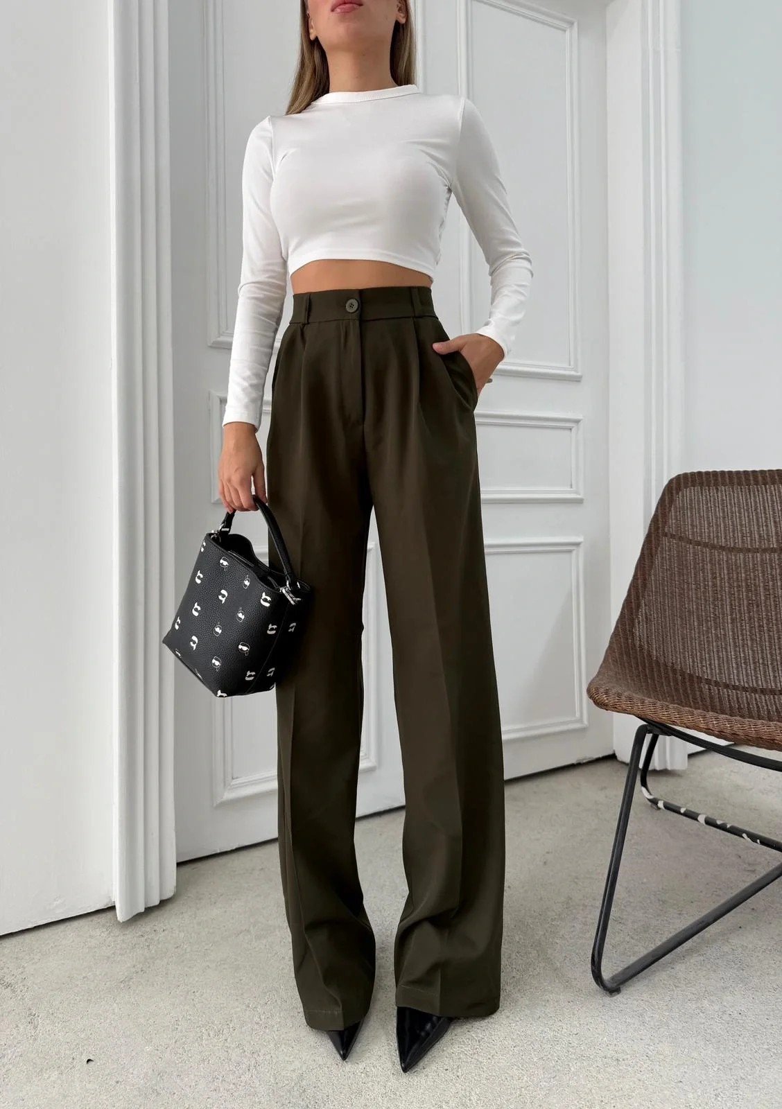 BEL LASTİKLİ YÜKSEK BEL PALAZZO KUMAŞ PANTOLON HAKİ