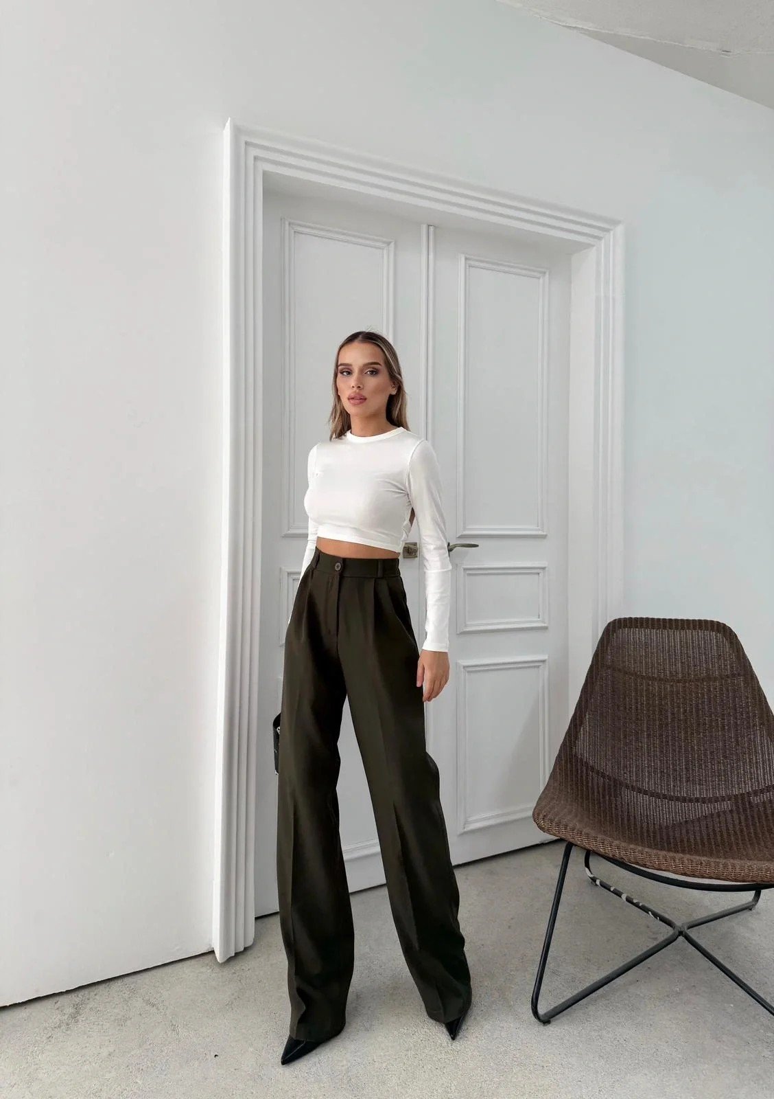 BEL LASTİKLİ YÜKSEK BEL PALAZZO KUMAŞ PANTOLON HAKİ