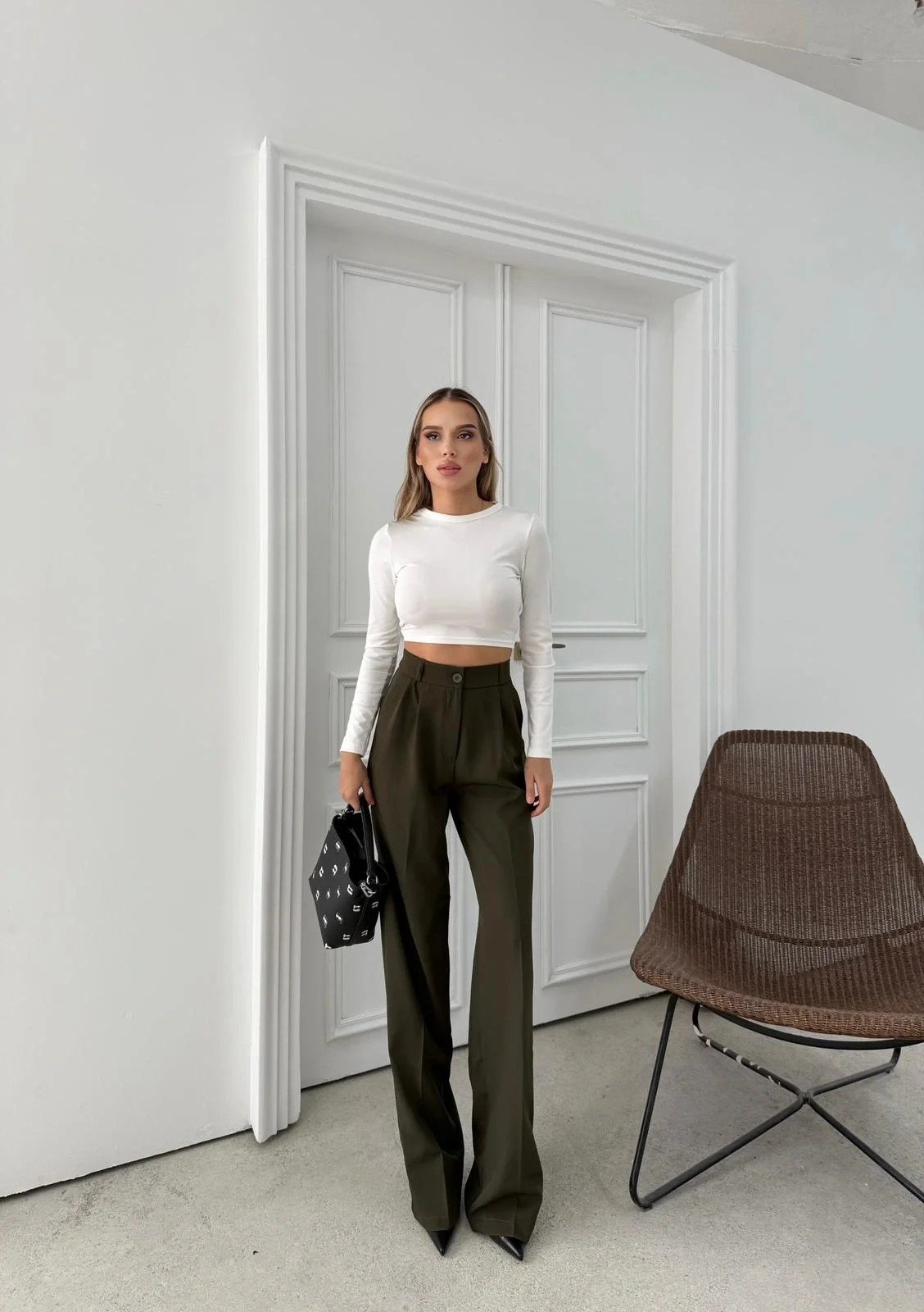 BEL LASTİKLİ YÜKSEK BEL PALAZZO KUMAŞ PANTOLON HAKİ