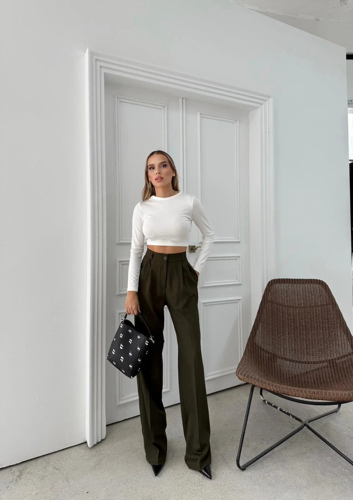 BEL LASTİKLİ YÜKSEK BEL PALAZZO KUMAŞ PANTOLON HAKİ