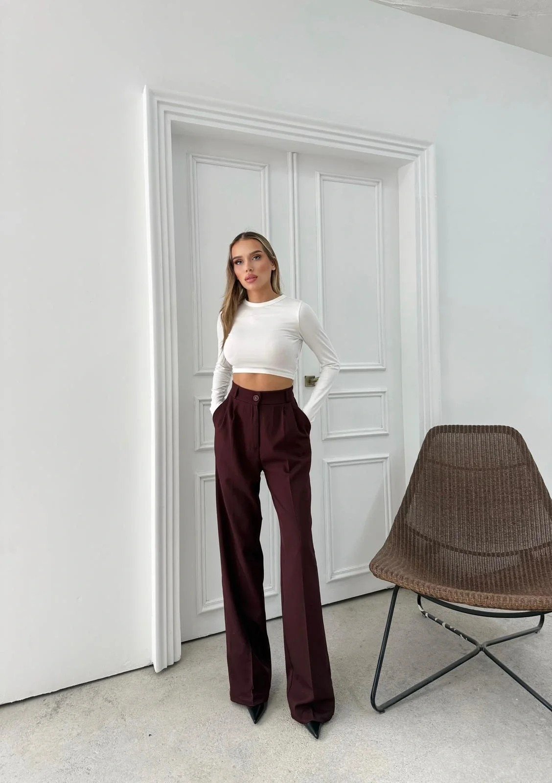 BEL LASTİKLİ YÜKSEK BEL PALAZZO KUMAŞ PANTOLON MÜRDÜM