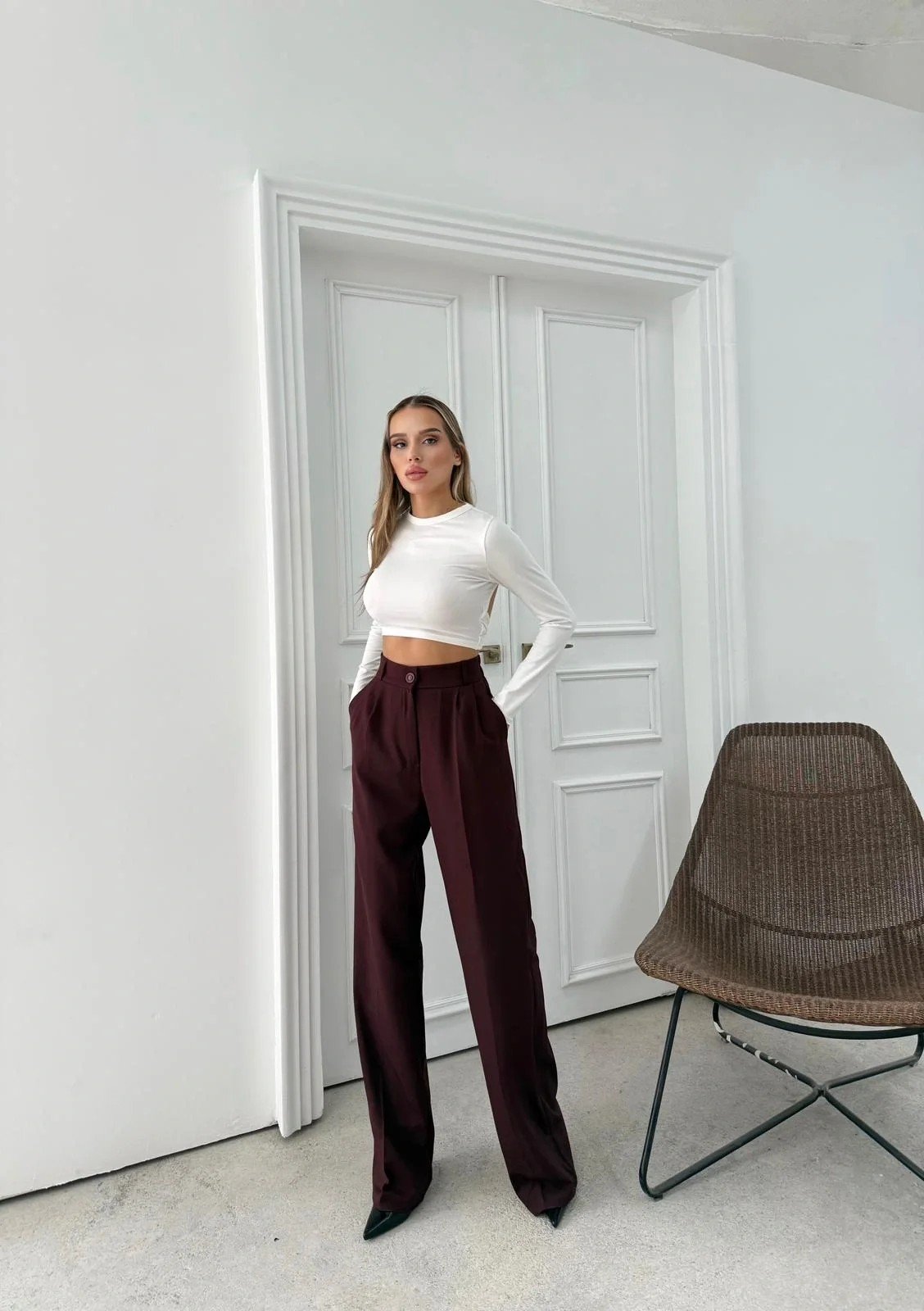 BEL LASTİKLİ YÜKSEK BEL PALAZZO KUMAŞ PANTOLON MÜRDÜM