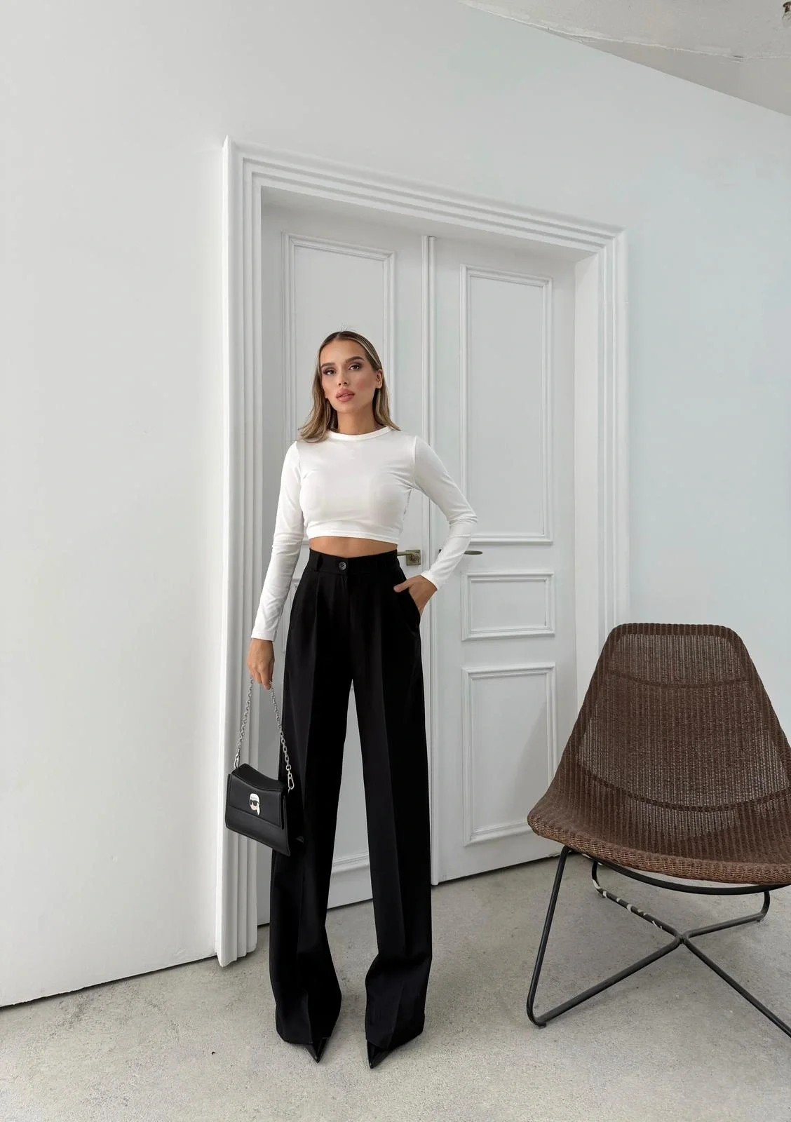 BEL LASTİKLİ YÜKSEK BEL PALAZZO KUMAŞ PANTOLON SİYAH