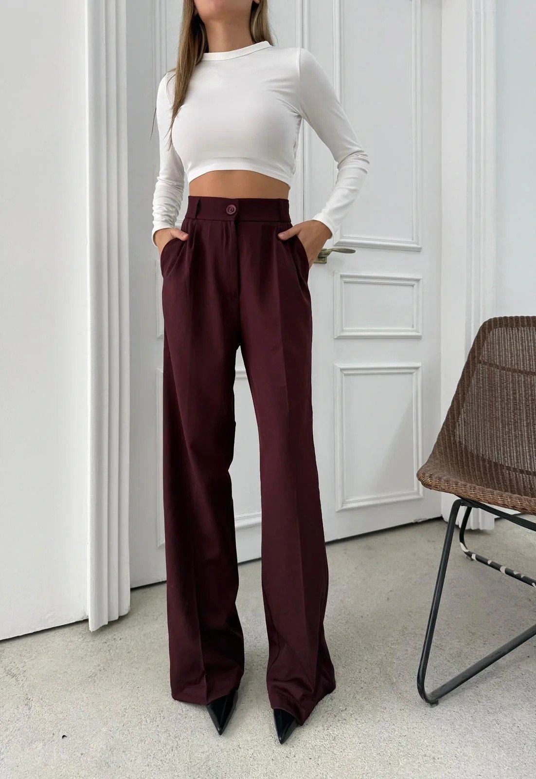 BEL LASTİKLİ YÜKSEK BEL PALAZZO KUMAŞ PANTOLON MÜRDÜM