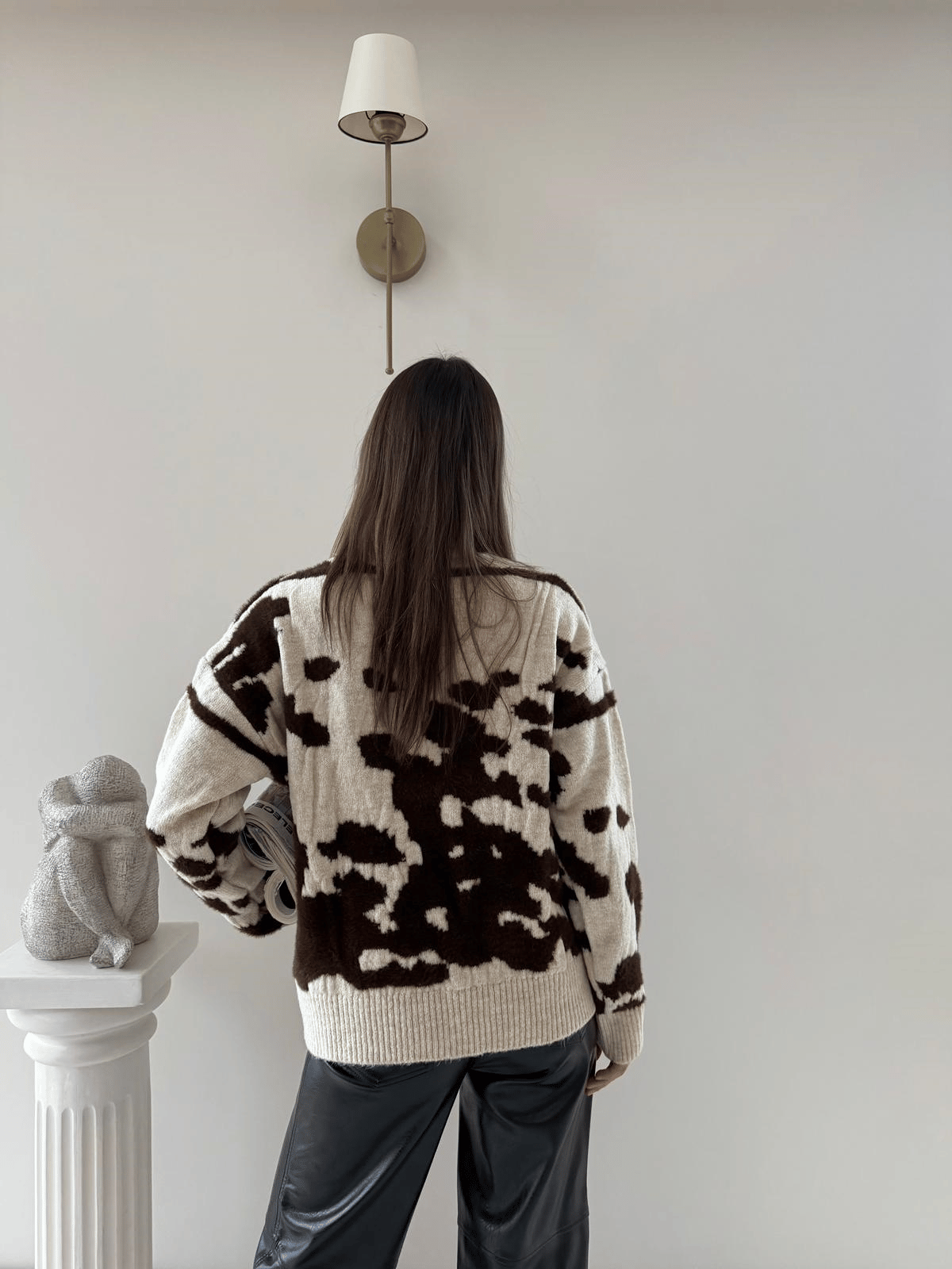 Benekli Oversize Kazak Bej Kahve 2043