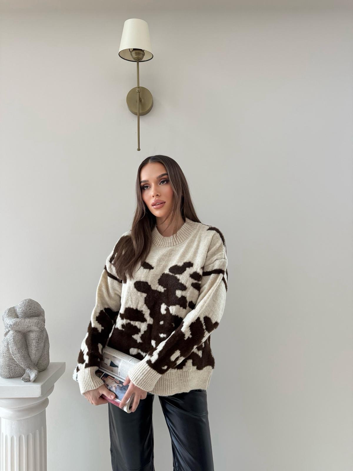 Benekli Oversize Kazak Bej Kahve 2043