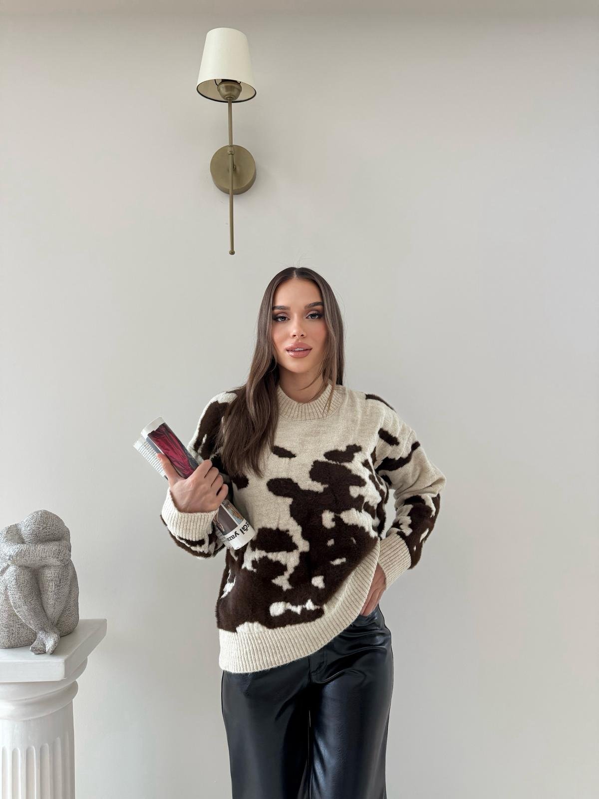 Benekli Oversize Kazak Bej Kahve 2043