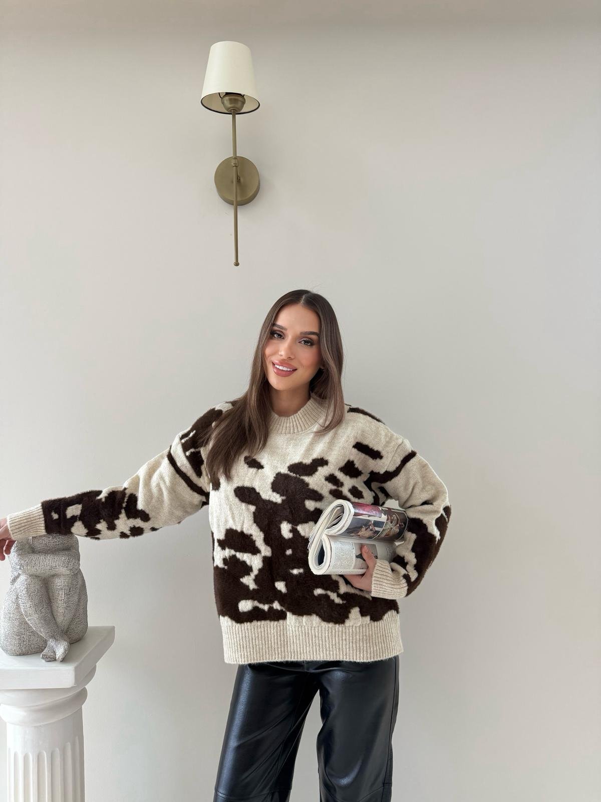 Benekli Oversize Kazak Bej Kahve 2043