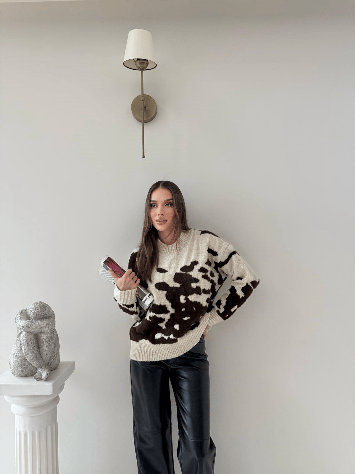 Benekli Oversize Kazak Bej Kahve 2043