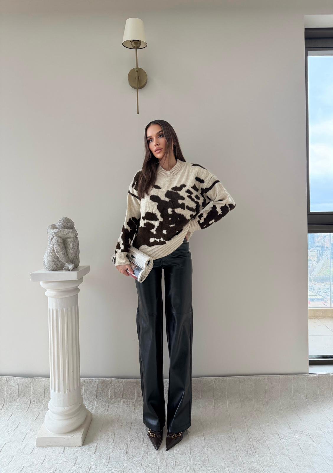 Benekli Oversize Kazak Bej Kahve 2043