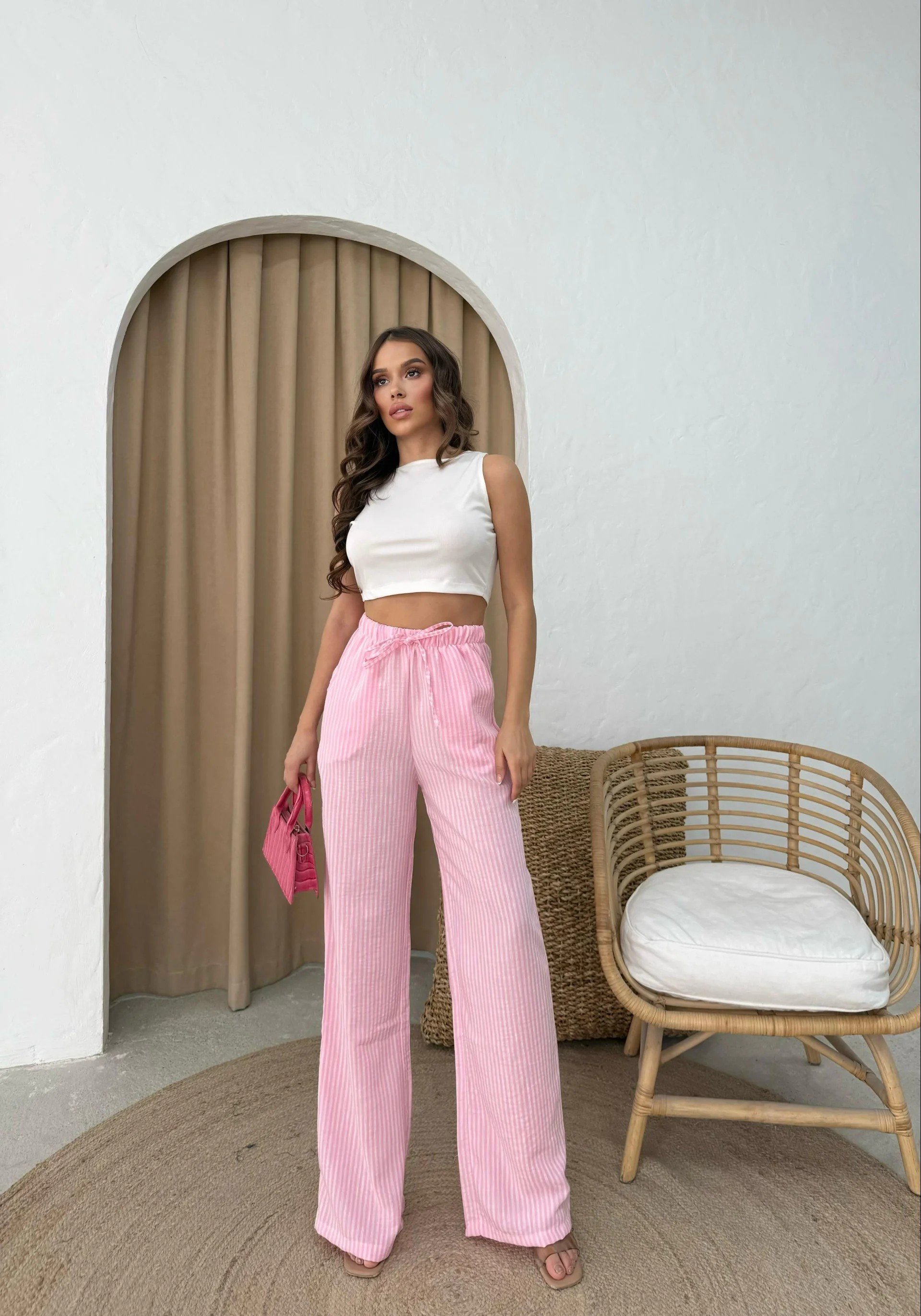 ÇİZGİLİ BEL BAĞCIKLI PALAZZO PANTOLON PEMBE