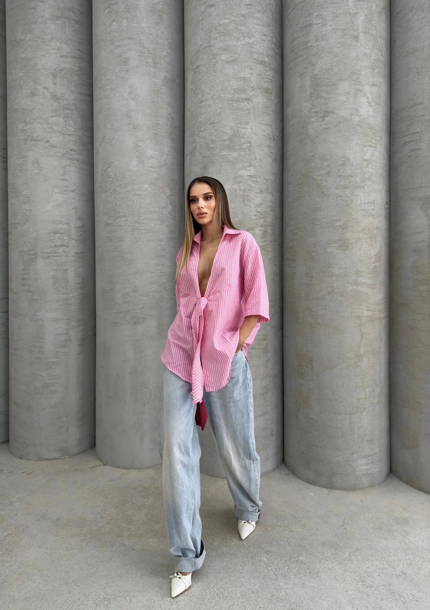 ÇİZGİLİ ÖN BAĞLAMALI OVERSİZE KETEN GÖMLEK PEMBE