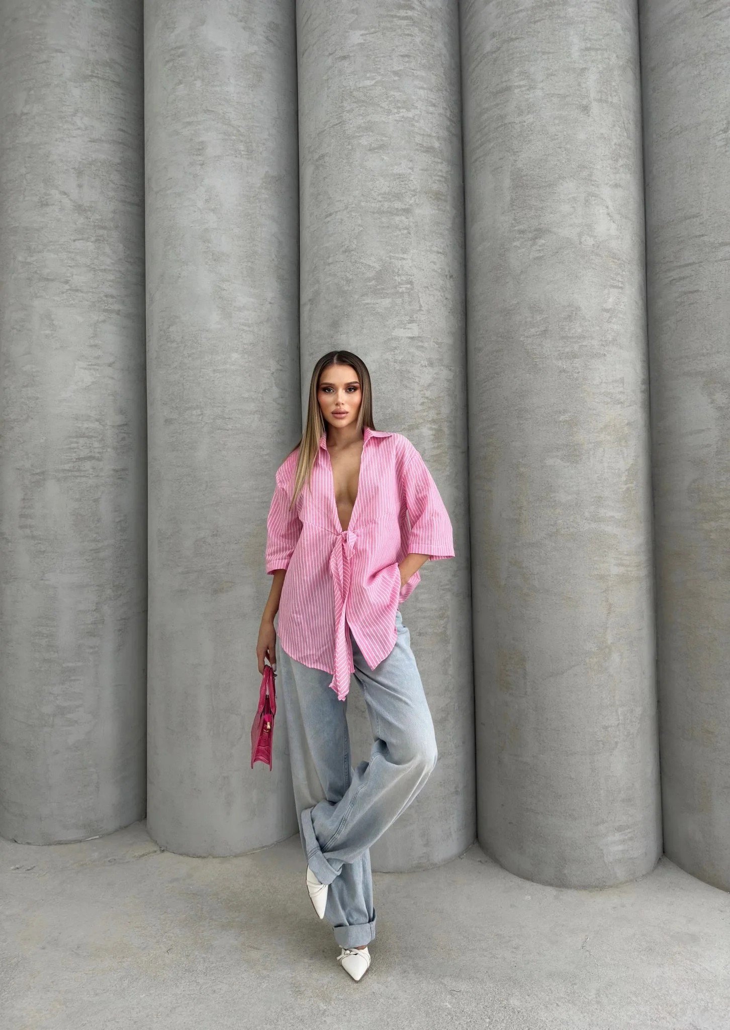 ÇİZGİLİ ÖN BAĞLAMALI OVERSİZE KETEN GÖMLEK PEMBE