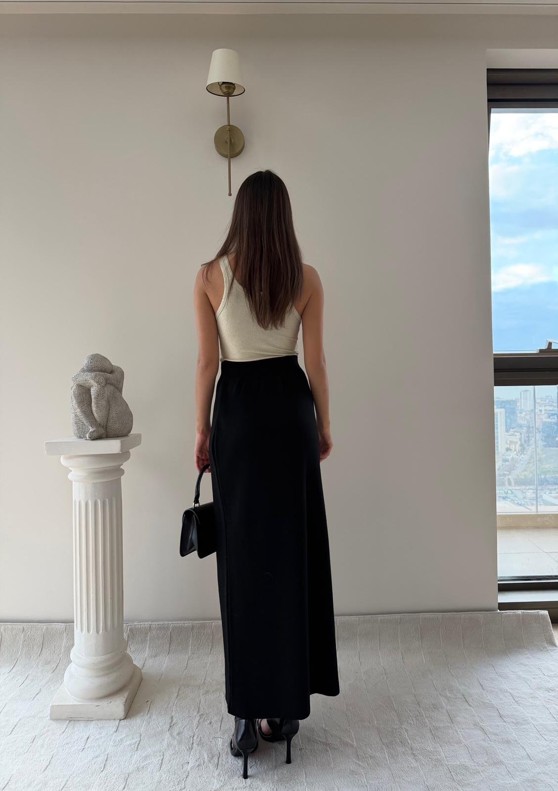 Dantel Detay Yüksek Bel Yırtmaçlı Triko Etek Siyah