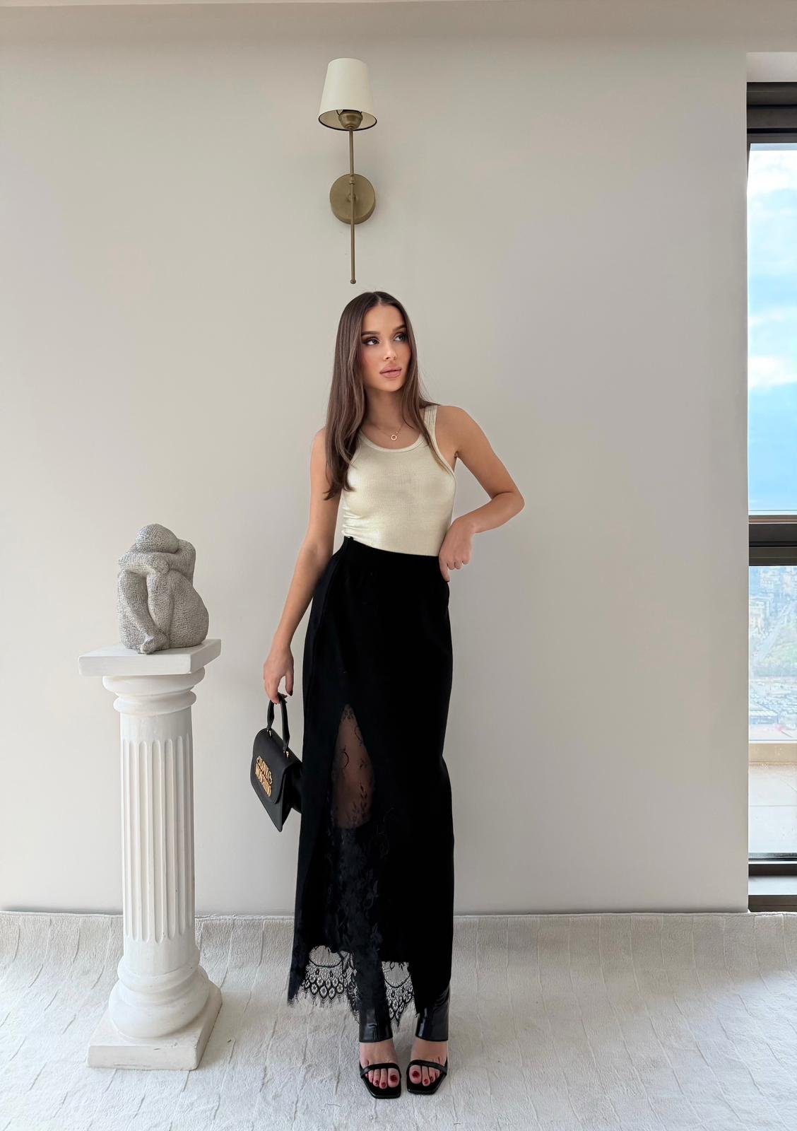 Dantel Detay Yüksek Bel Yırtmaçlı Triko Etek Siyah