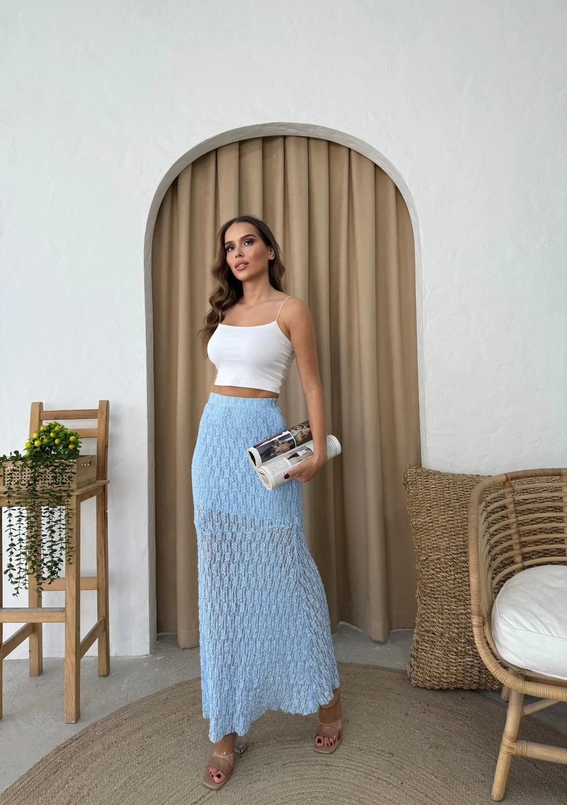 DANTEL İÇ ASTARLI ETEK MAVİ