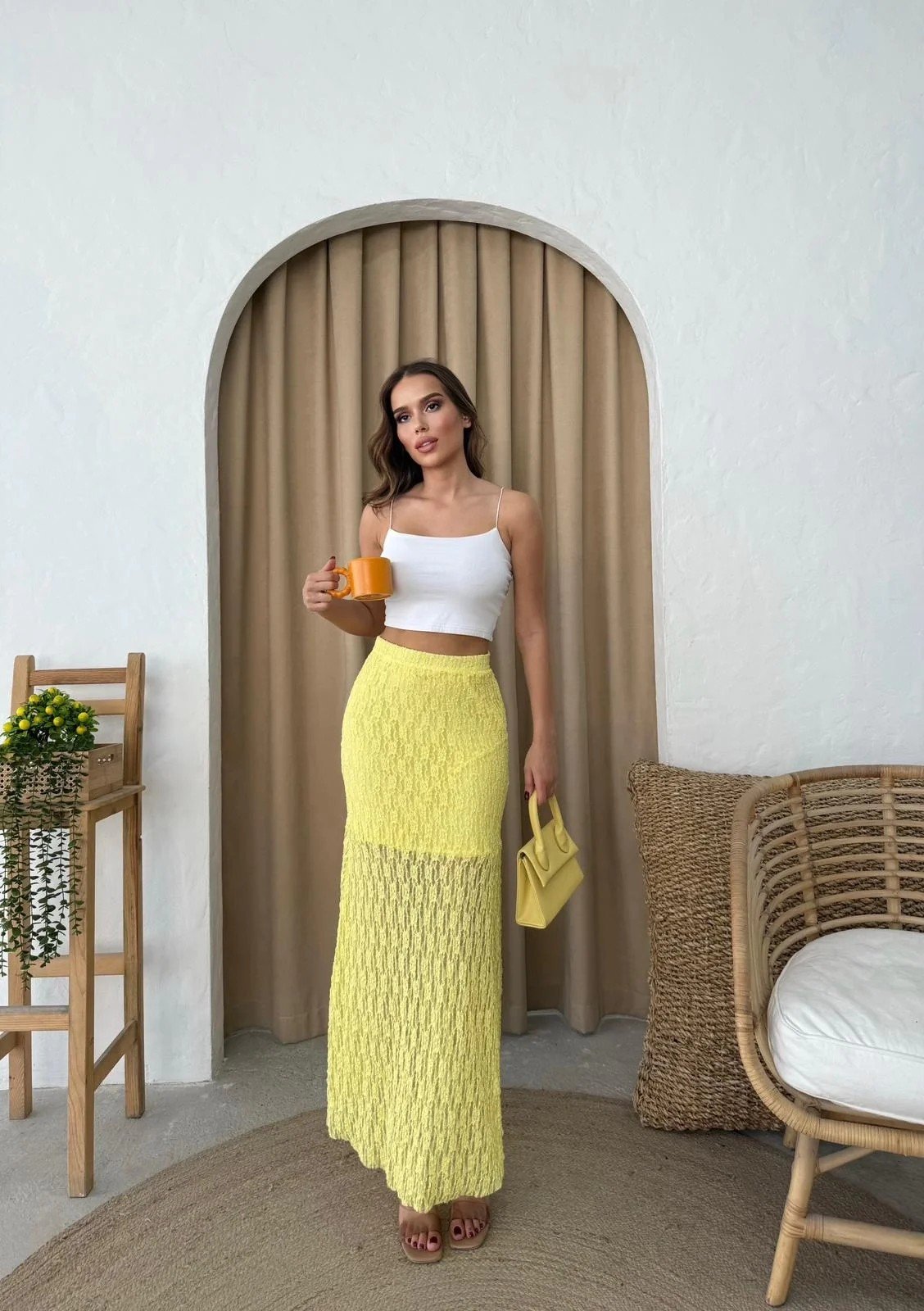 DANTEL İÇ ASTARLI ETEK SARI