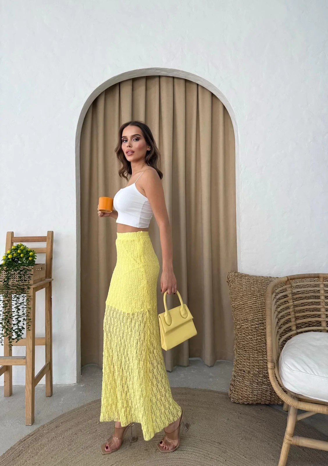 DANTEL İÇ ASTARLI ETEK SARI