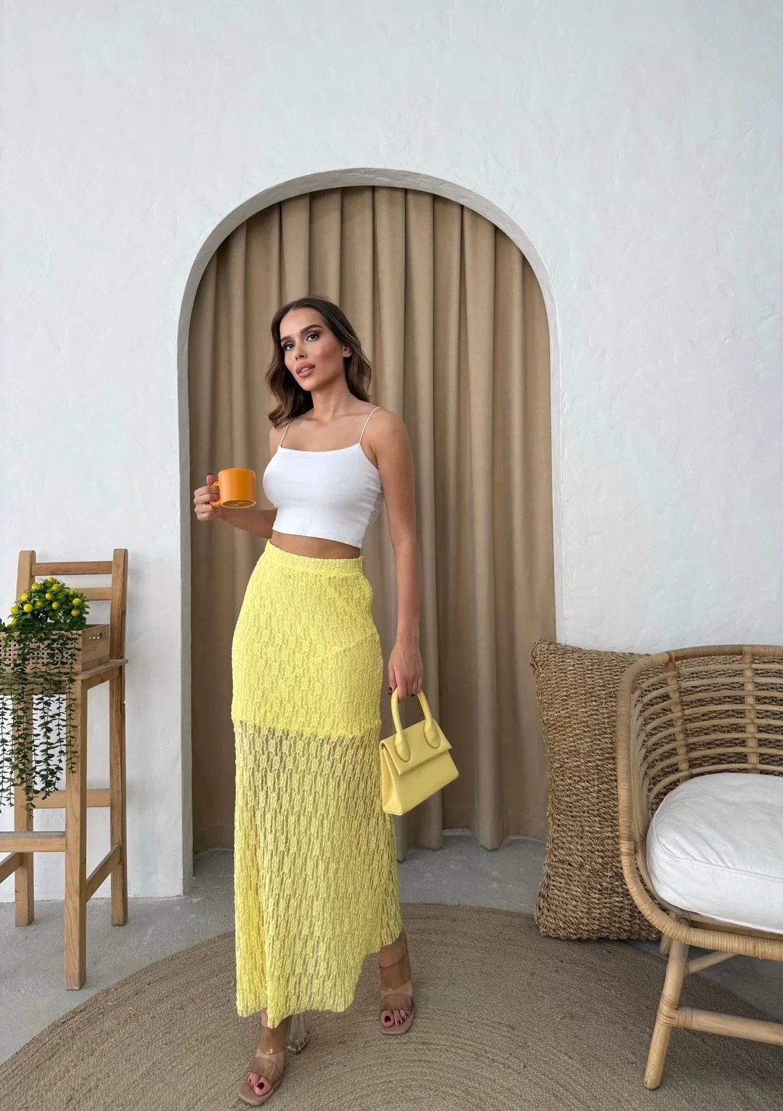 DANTEL İÇ ASTARLI ETEK SARI