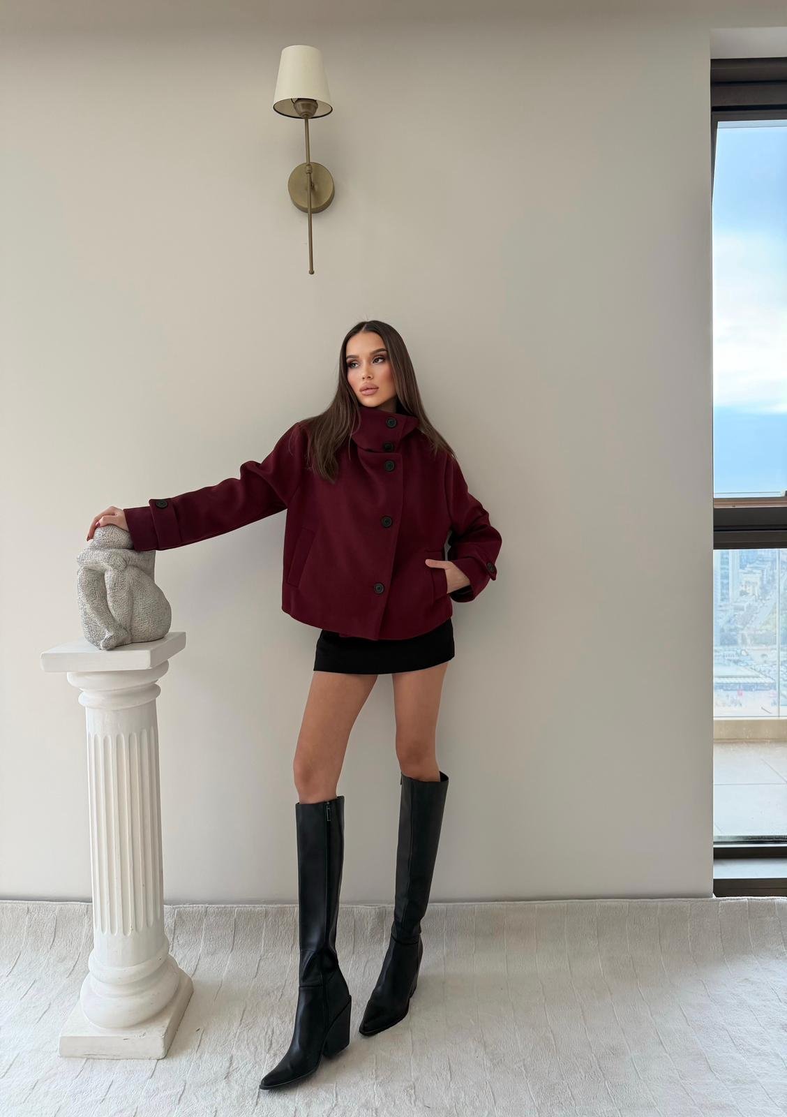 Dik Yaka Kol Kemer Detay İç Astarlı Kaşe Mont Bordo