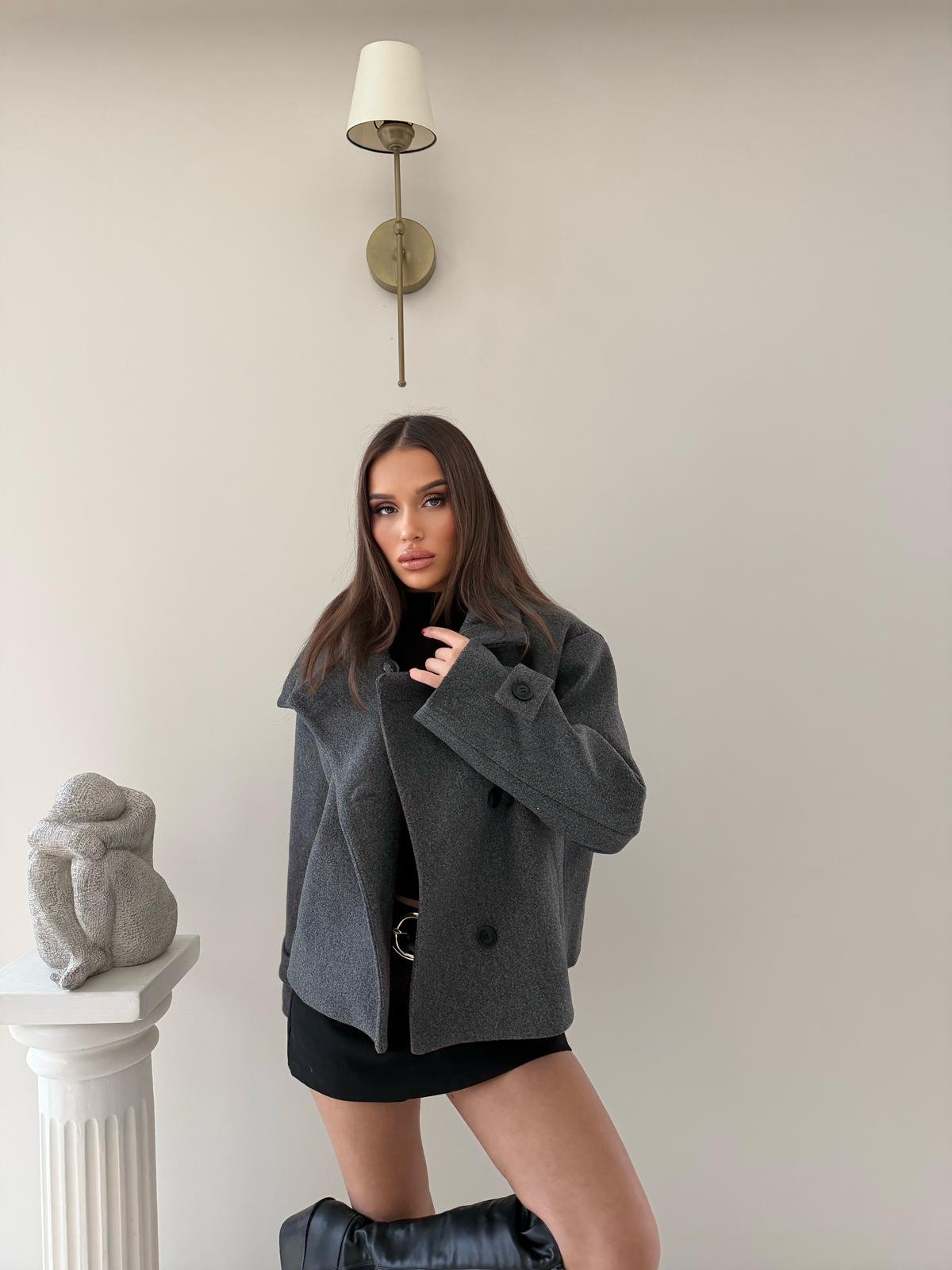 Dik Yaka Kol Kemer Detay İç Astarlı Kaşe Mont Antrasit