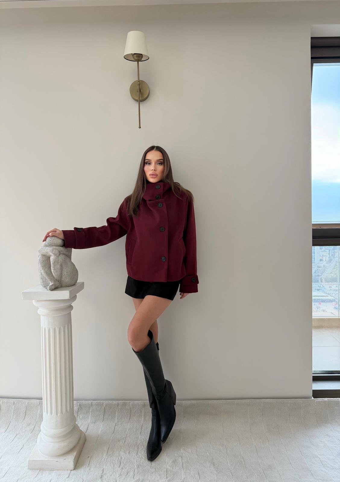 Dik Yaka Kol Kemer Detay İç Astarlı Kaşe Mont Bordo