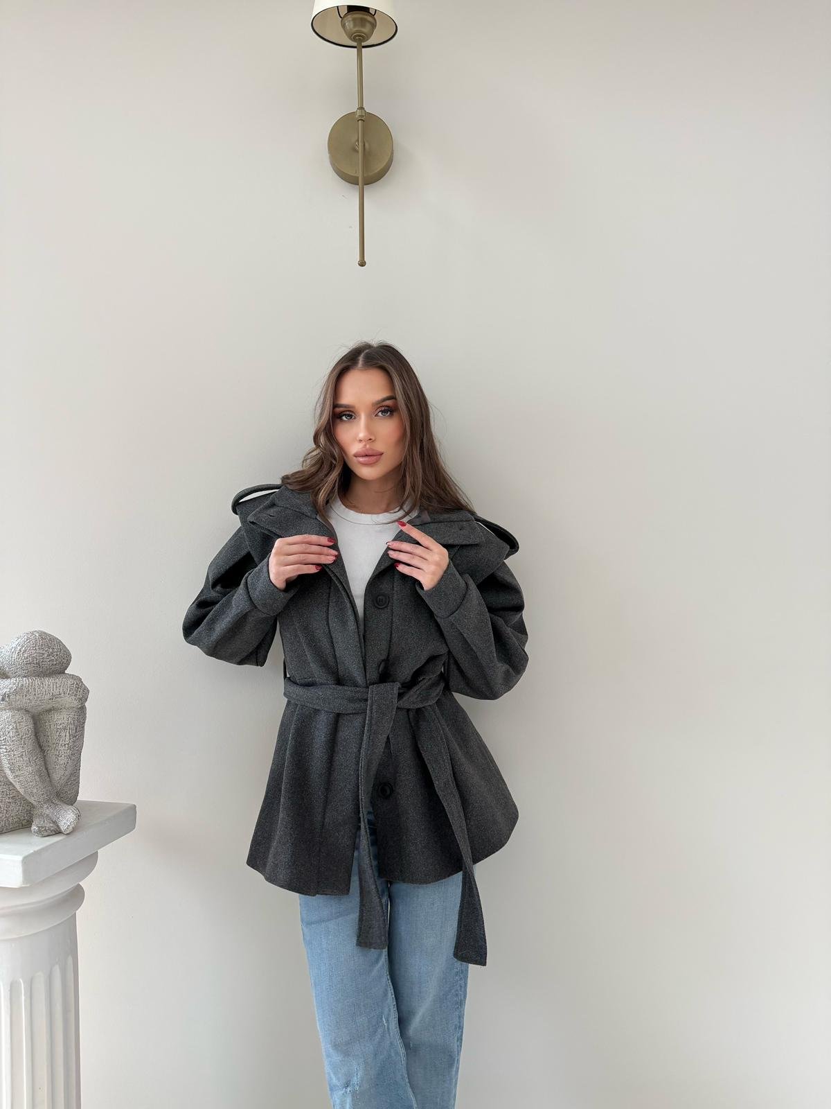 DİK YAKA OMUZ APOLETLİ BEL KUŞAKLI ASTARLI KAŞE KABAN ANTRASİT