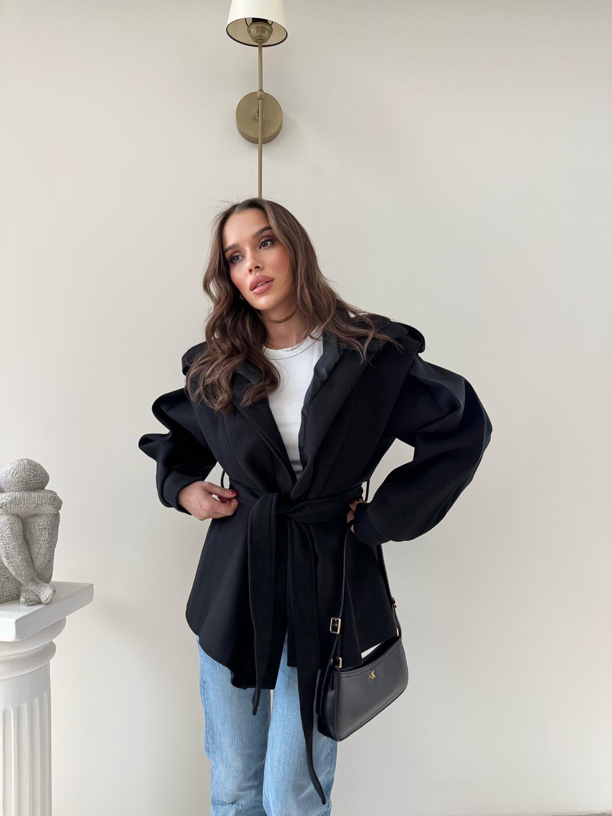 DİK YAKA OMUZ APOLETLİ BEL KUŞAKLI ASTARLI KAŞE KABAN SİYAH