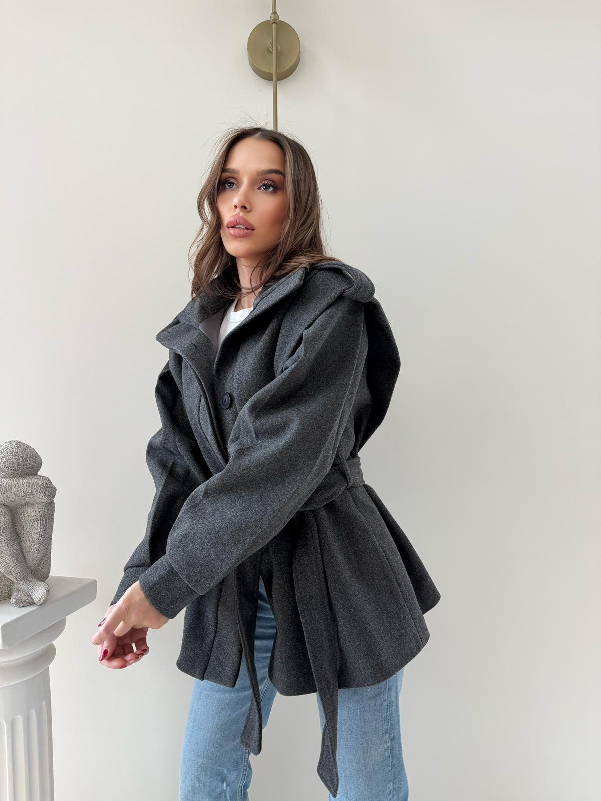 DİK YAKA OMUZ APOLETLİ BEL KUŞAKLI ASTARLI KAŞE KABAN ANTRASİT