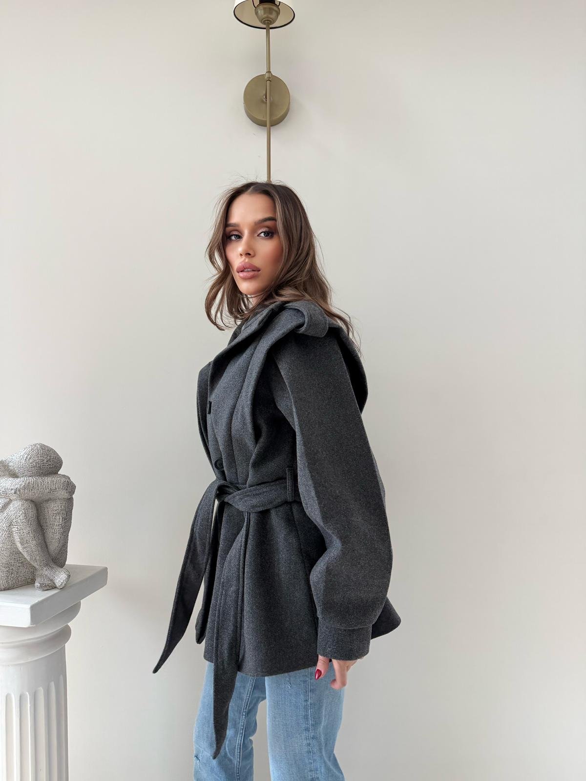 DİK YAKA OMUZ APOLETLİ BEL KUŞAKLI ASTARLI KAŞE KABAN ANTRASİT