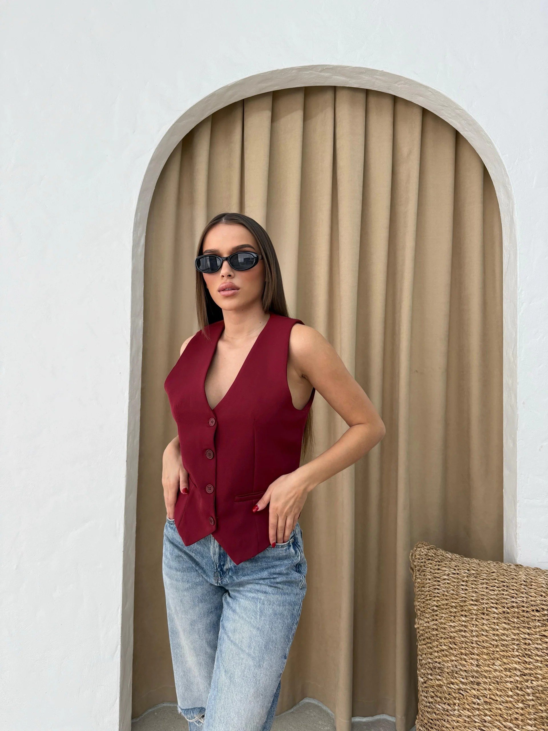 DOUBLE KUMAŞ İÇ ASTARLI YELEK BORDO