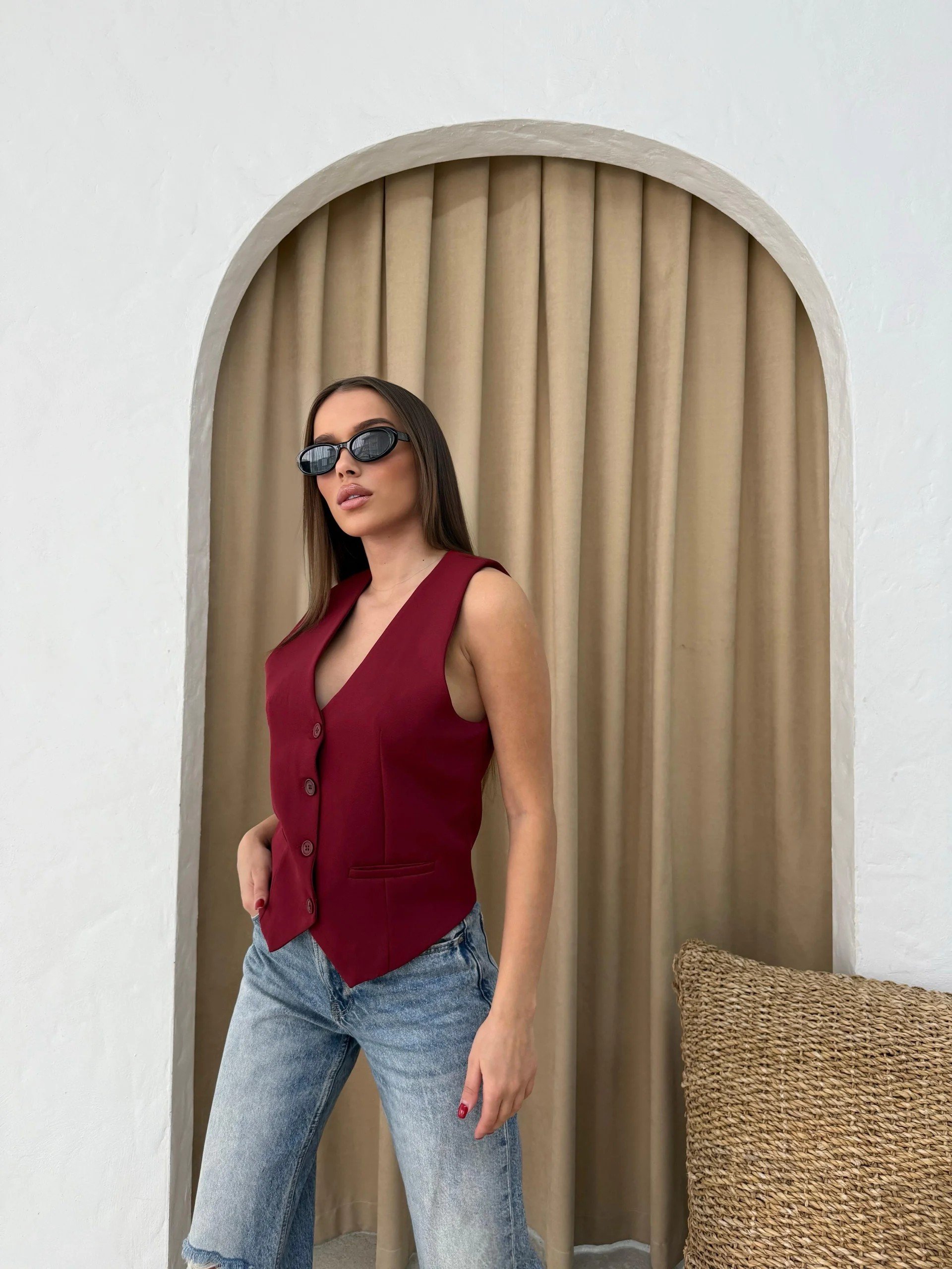 DOUBLE KUMAŞ İÇ ASTARLI YELEK BORDO