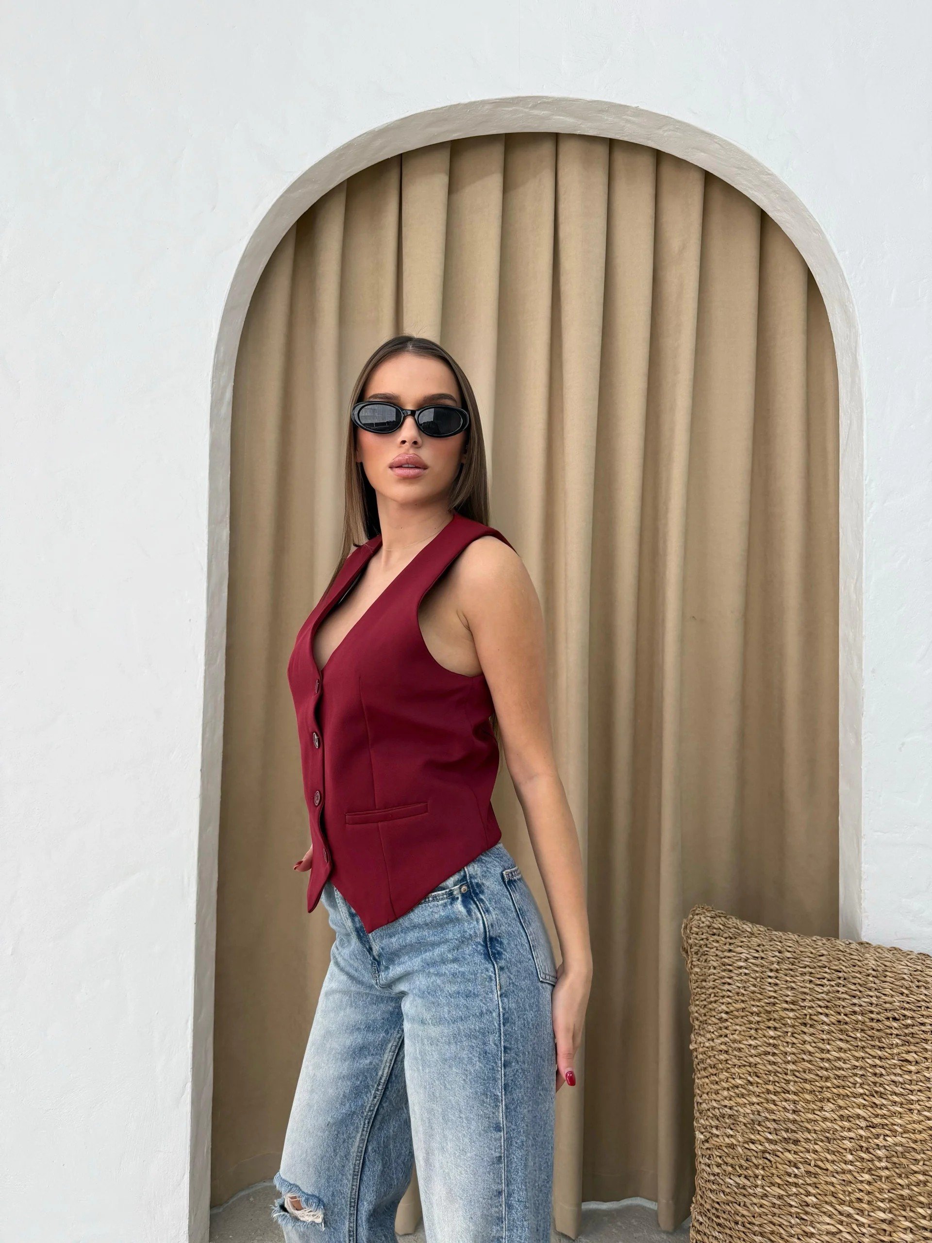 DOUBLE KUMAŞ İÇ ASTARLI YELEK BORDO