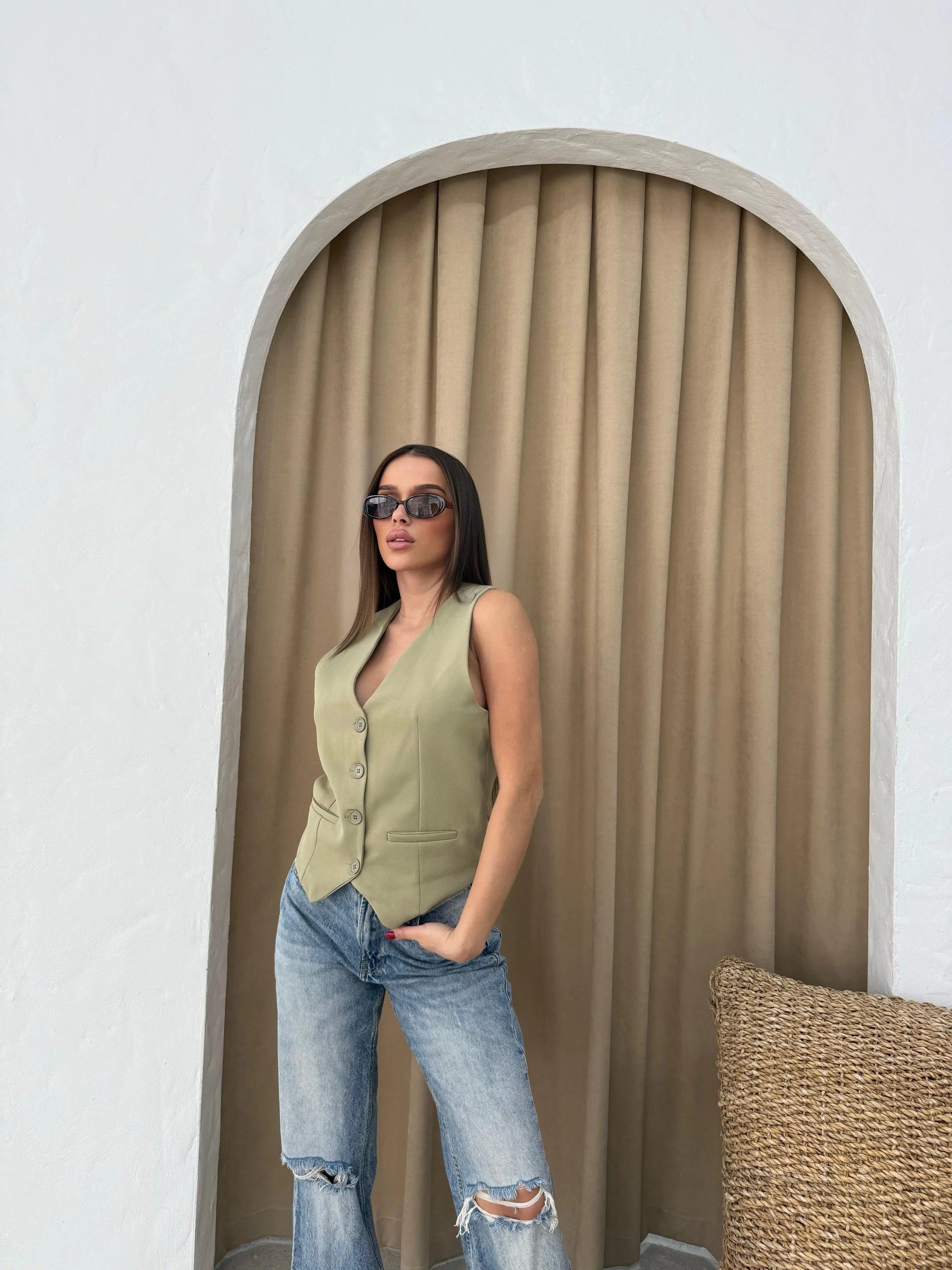 DOUBLE KUMAŞ İÇ ASTARLI YELEK YEŞİL