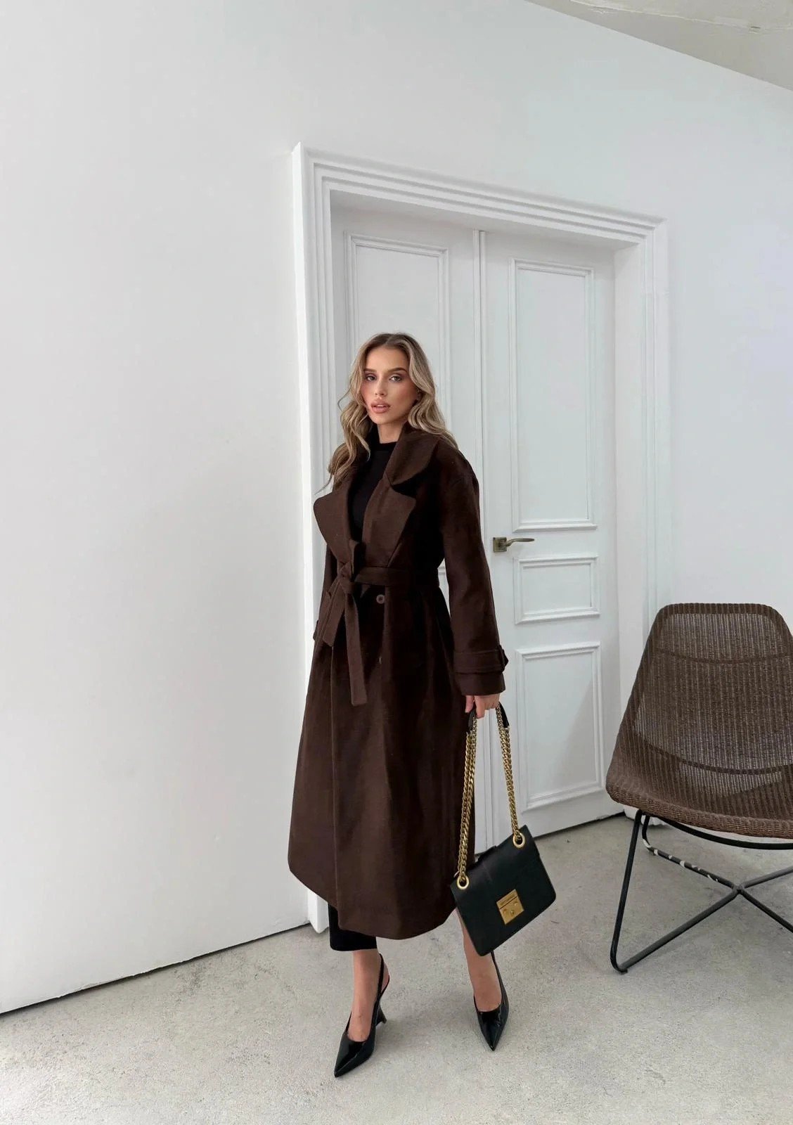 DÜĞME DETAY BEL KUŞAKLI İÇ ASTARLI UZUN KAŞE KABAN KAHVE DRL